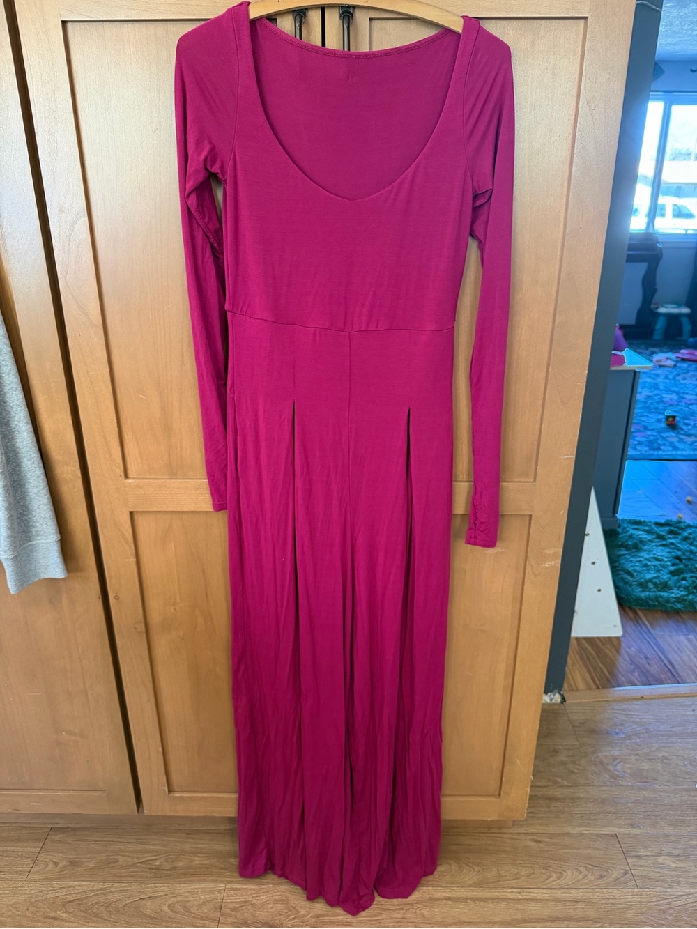 Long Sleeve Scoop-Neck Jumpsuit in Berry